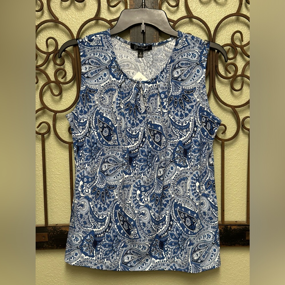 Grateful sleeveless paisley mock neck top